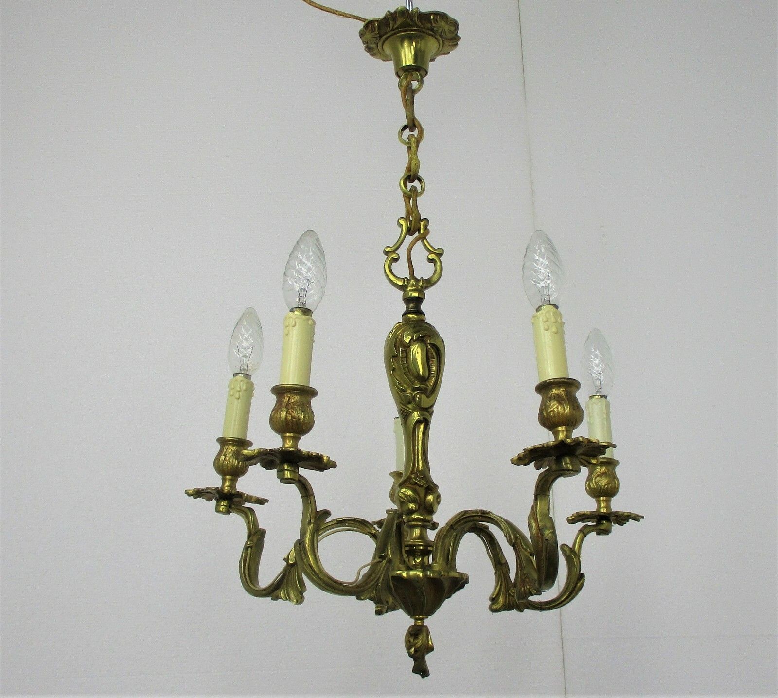 French Chandelier 5 Arms Lights Brass  Hollywood Regency Ornate Etched Brass photo furniture