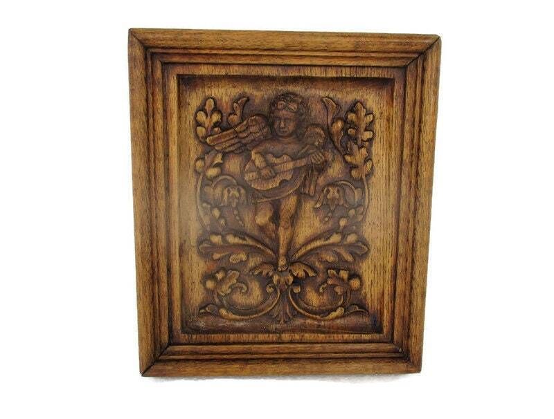 Angel Playing Musical Instrument Hand Carved Wood Wall Panel Bas High Relief Tab