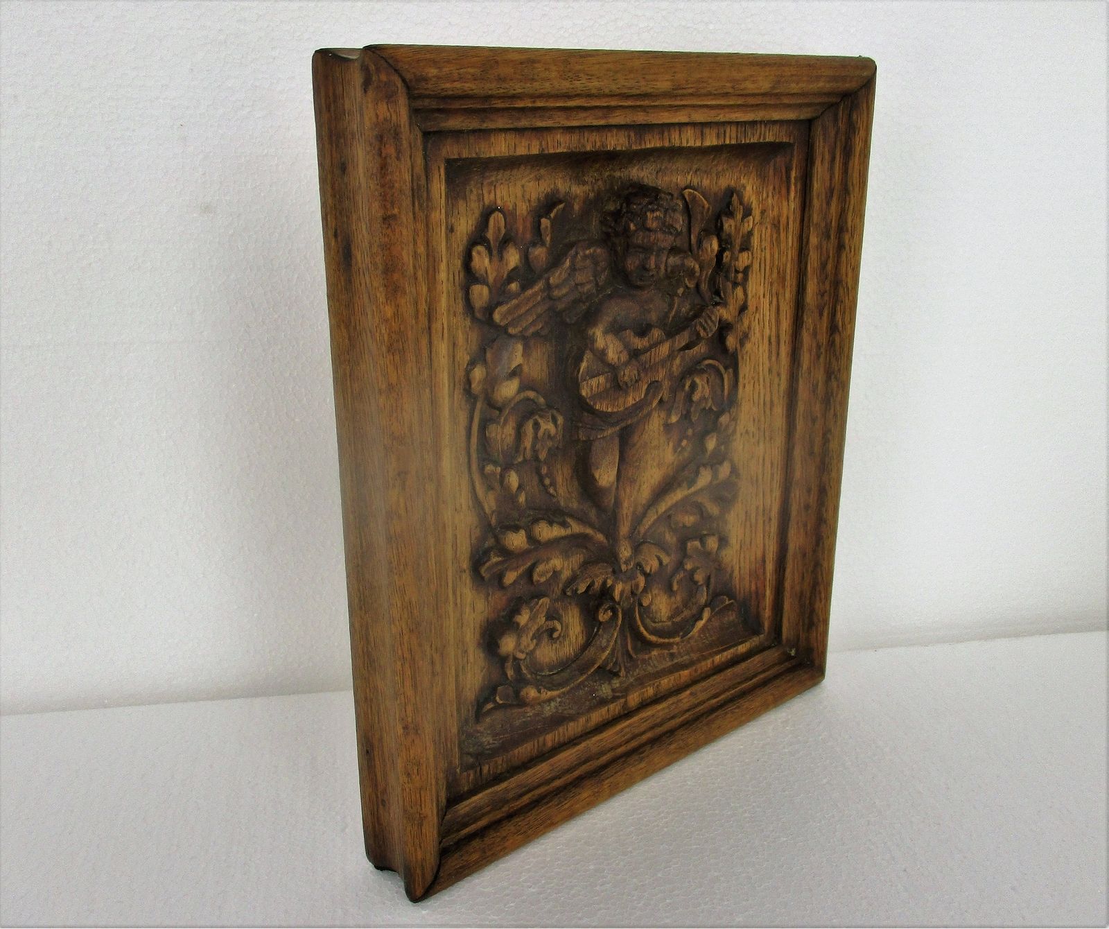Angel Playing Musical Instrument Hand Carved Wood Wall Panel Bas High Relief Tab photo Art