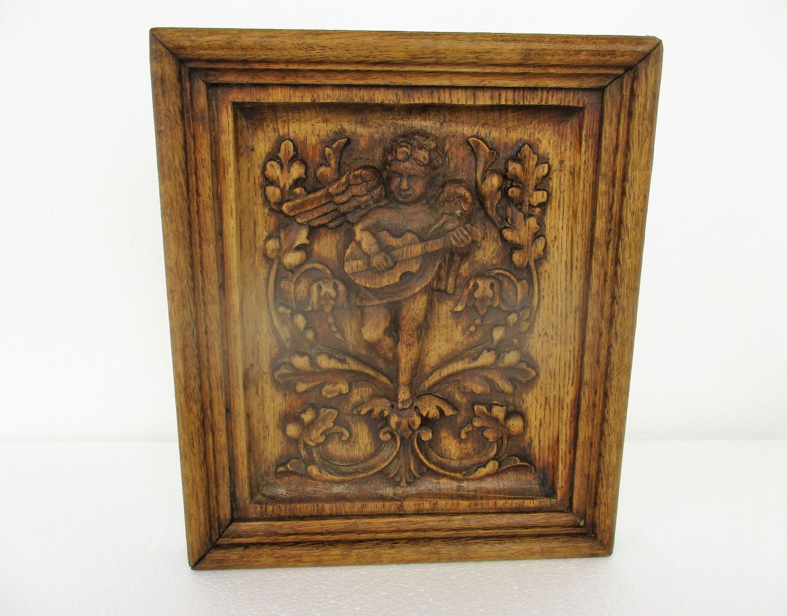 Angel Playing Musical Instrument Hand Carved Wood Wall Panel Bas High Relief Tab photo 76.0