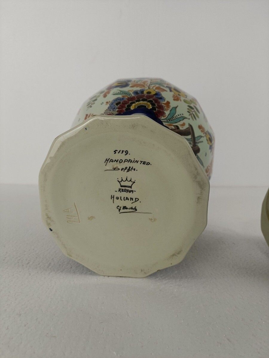 Polychrome Delft  Vase Urn Marked  Foo Dog  Porcelain Ceramic Hand Painted Vinta photo vintage