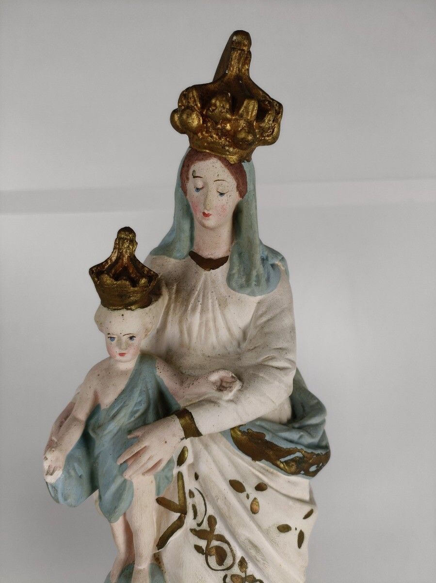 Antique Neo Gothic Statue Plaster Polychrome Our Lady Of Victory With Infant Ang photo for sale