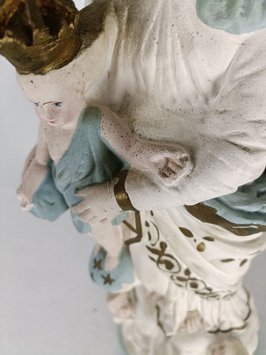 Antique Neo Gothic Statue Plaster Polychrome Our Lady Of Victory With Infant Ang photo 244.0
