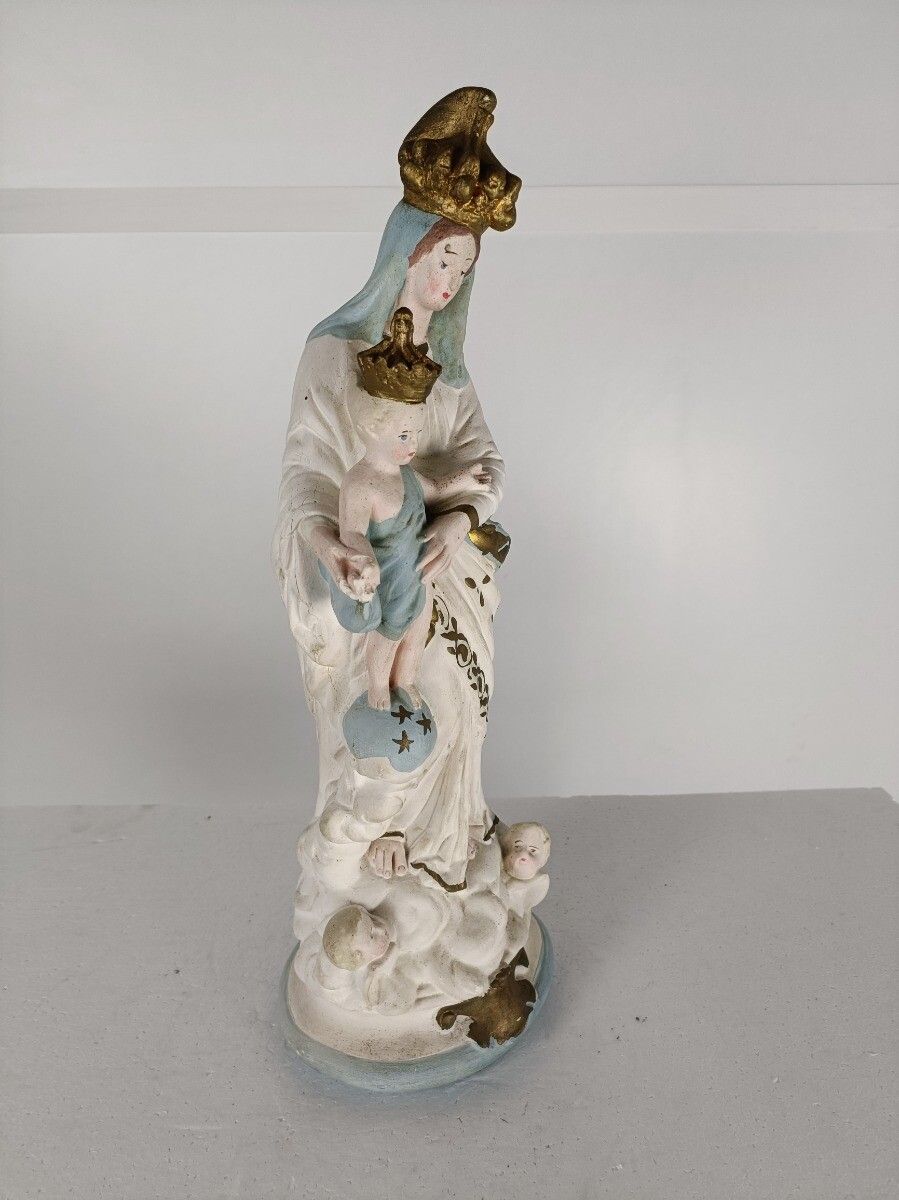 Antique Neo Gothic Statue Plaster Polychrome Our Lady Of Victory With Infant Ang photo buy