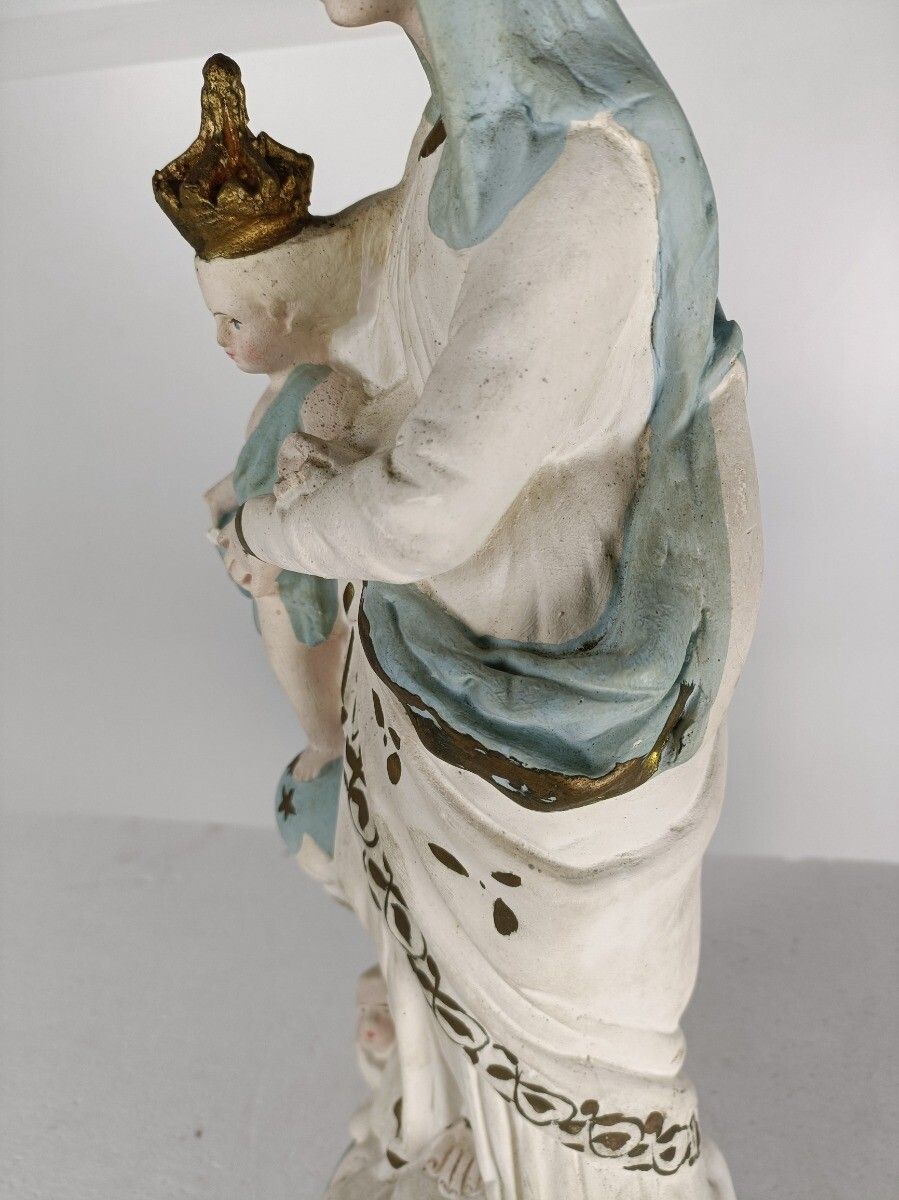 photo furniture Antique Neo Gothic Statue Plaster Polychrome Our Lady Of Victory With Infant Ang