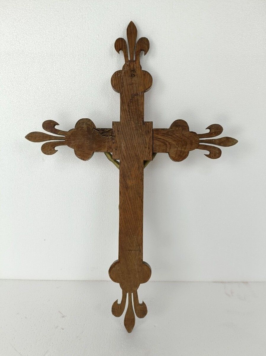 Xl Hand Carved Wood French Hanging Ornate Crucifix Jesus Christ Fleur De Lis Spe photo 283.0