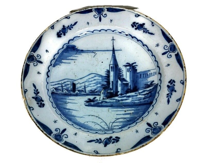 Antique 19th Century Large  Delft Wall Hanging Charger Plate Blue White Church