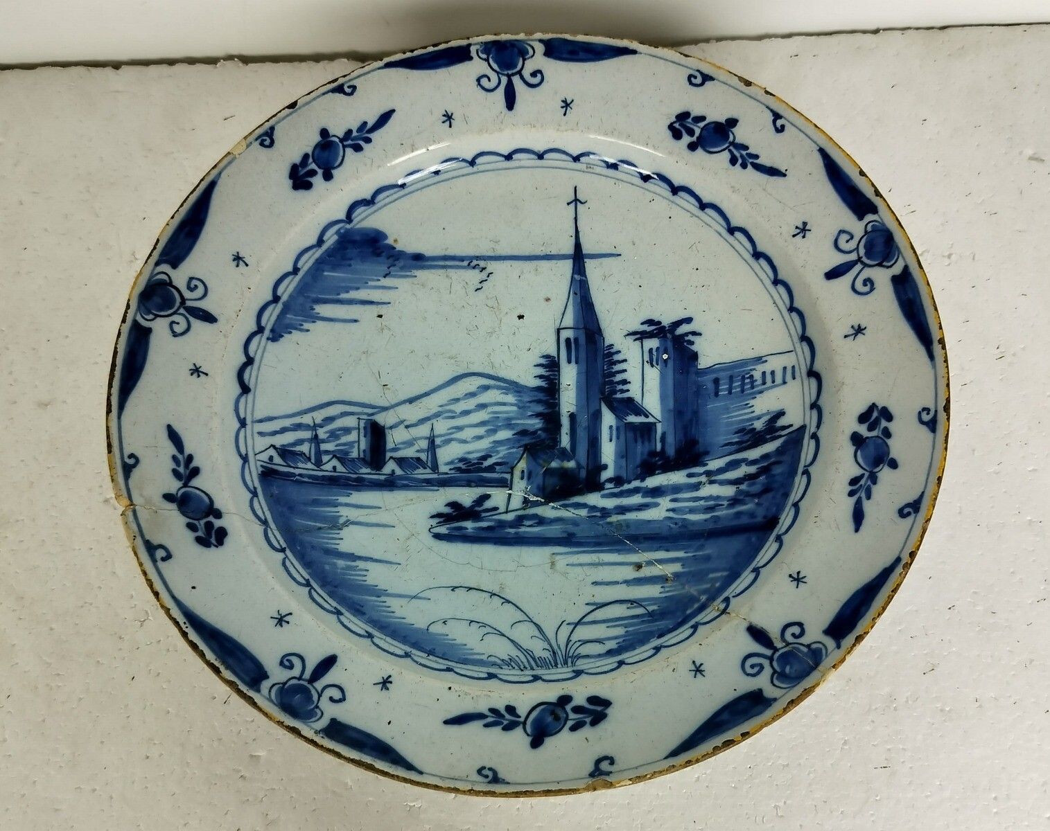 Antique 19th Century Large  Delft Wall Hanging Charger Plate Blue White Church photo Art
