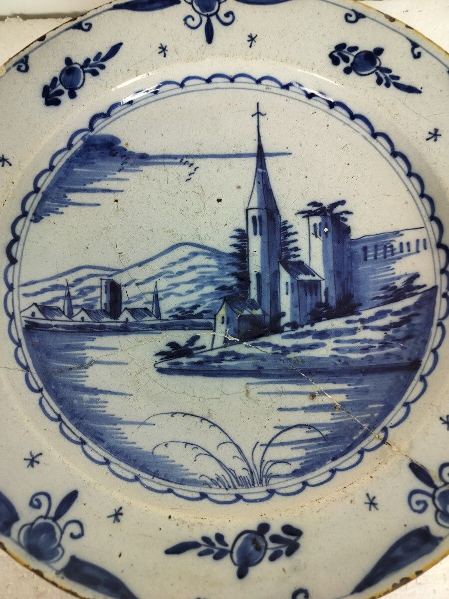 Antique 19th Century Large  Delft Wall Hanging Charger Plate Blue White Church photo 162.0