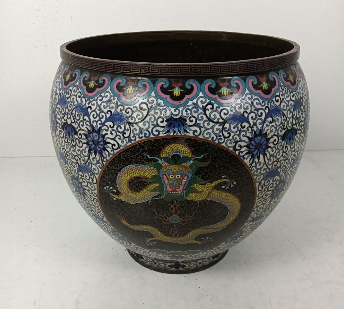 Antique Large Indoor Planter Chinese Cloisonné Bronze Urn Cache Pot Dragon photo for sale