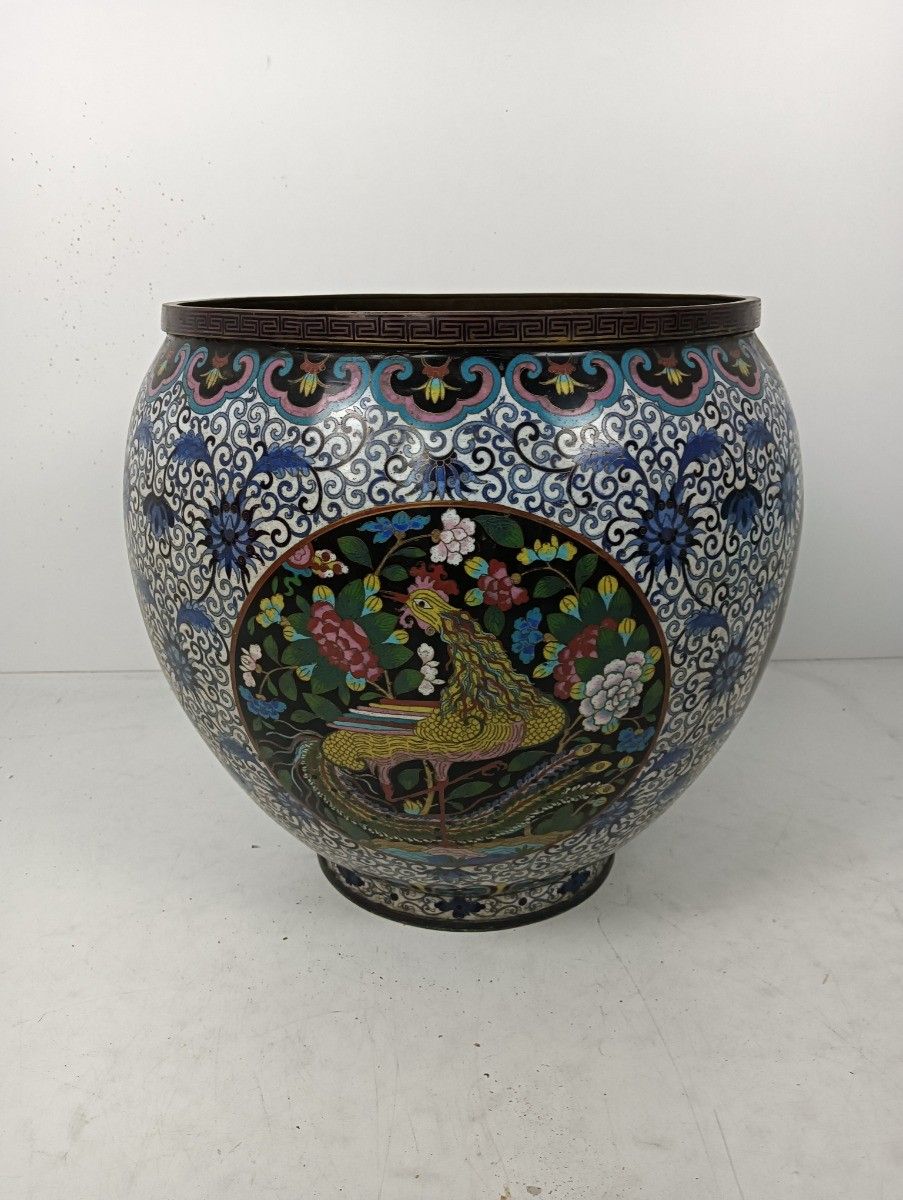 Antique Large Indoor Planter Chinese Cloisonné Bronze Urn Cache Pot Dragon photo buy