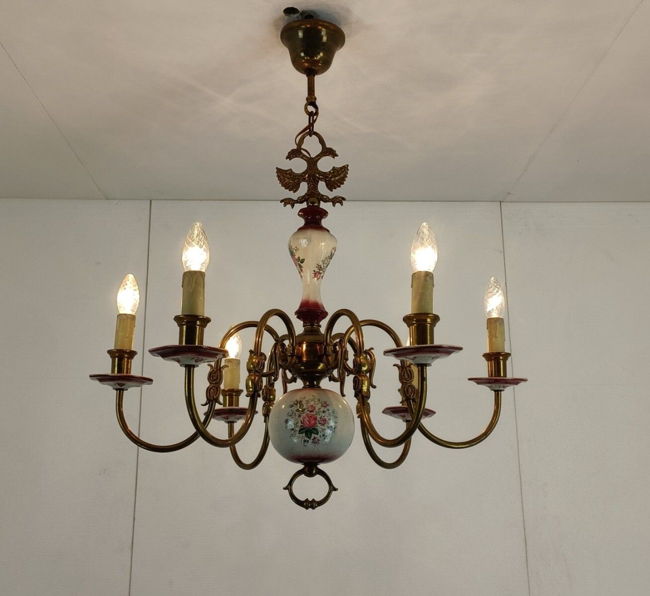 Flemish  Chandelier Style 6 Arm Lights Porcelain Flower Pattern Country  Barn St photo for sale