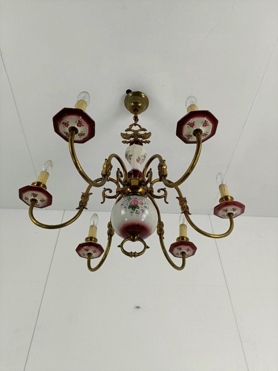 Flemish  Chandelier Style 6 Arm Lights Porcelain Flower Pattern Country  Barn St photo vinterior