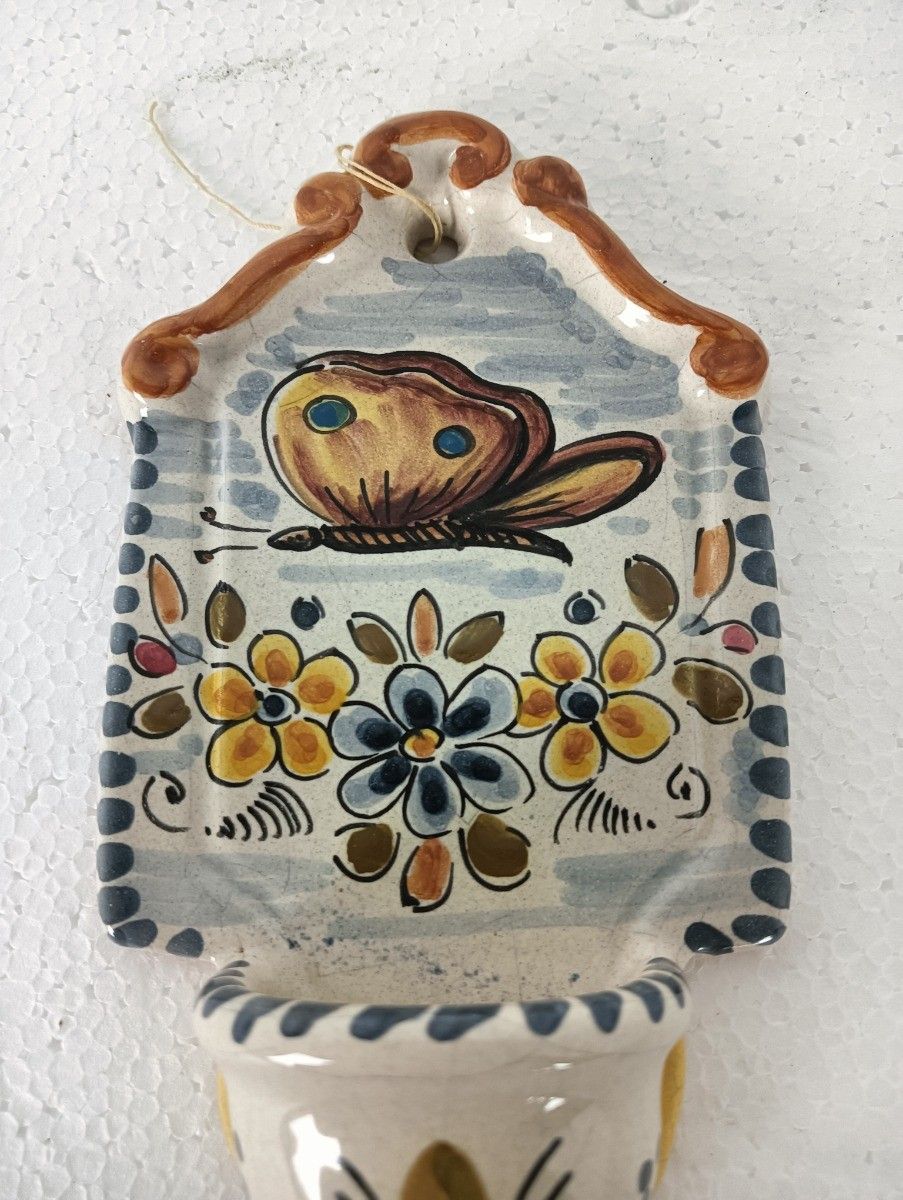 Vintage Polychrome Marife Holy Water Font Vessel Ceramic Butterfly Lovely Hand P photo furniture