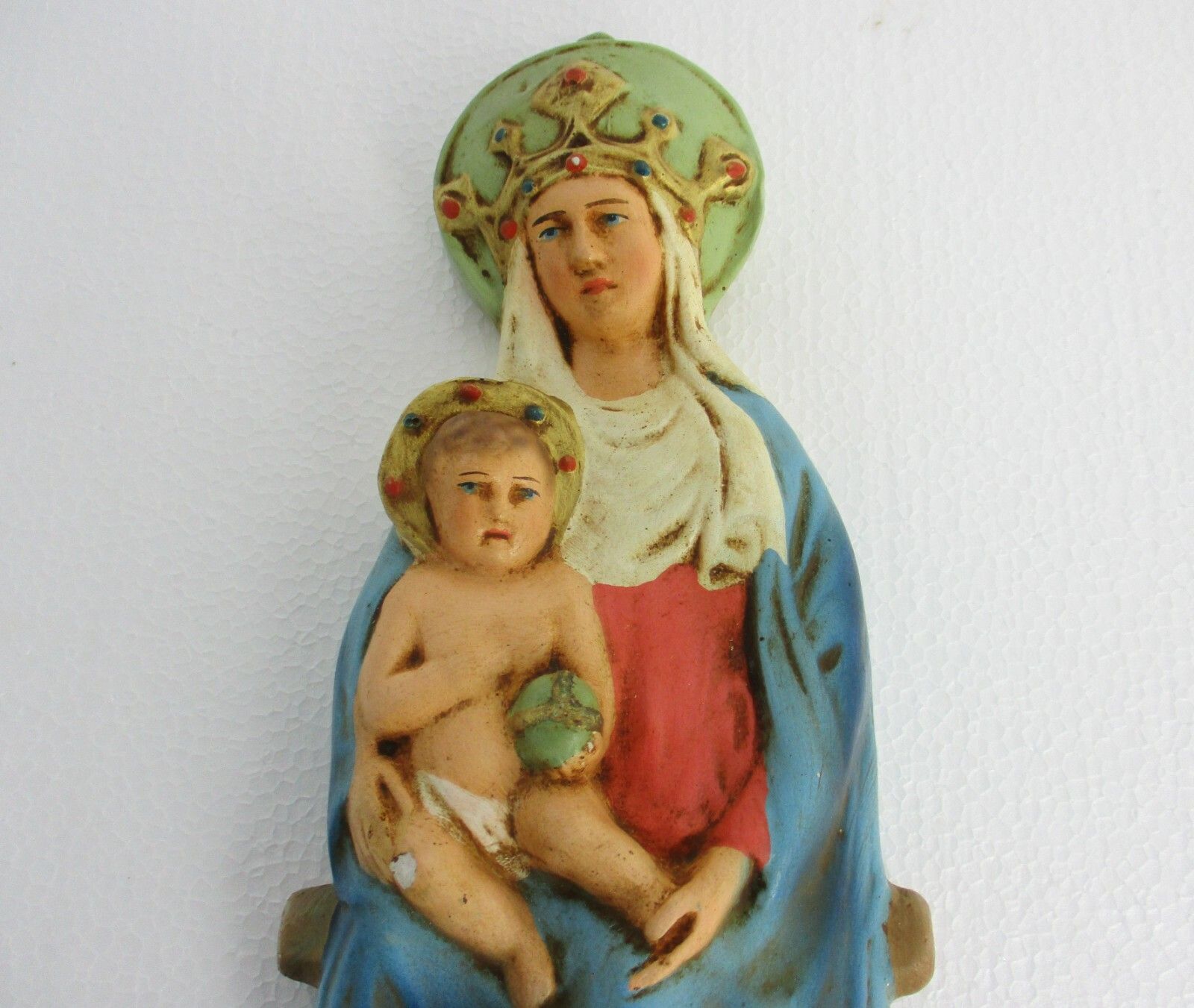Plaster Wall Plaque Virgin Mary Madonna Holy Mother Infant Jesus Polychrome 20s photo furniture