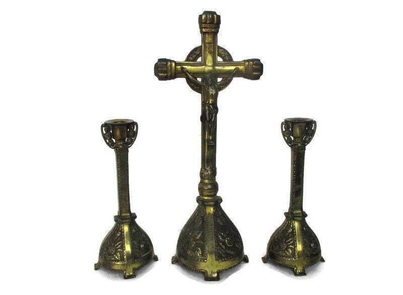 Altar Set Gorgeous Standing Crucifix With Two Candelabras Ornate Embossed Brass