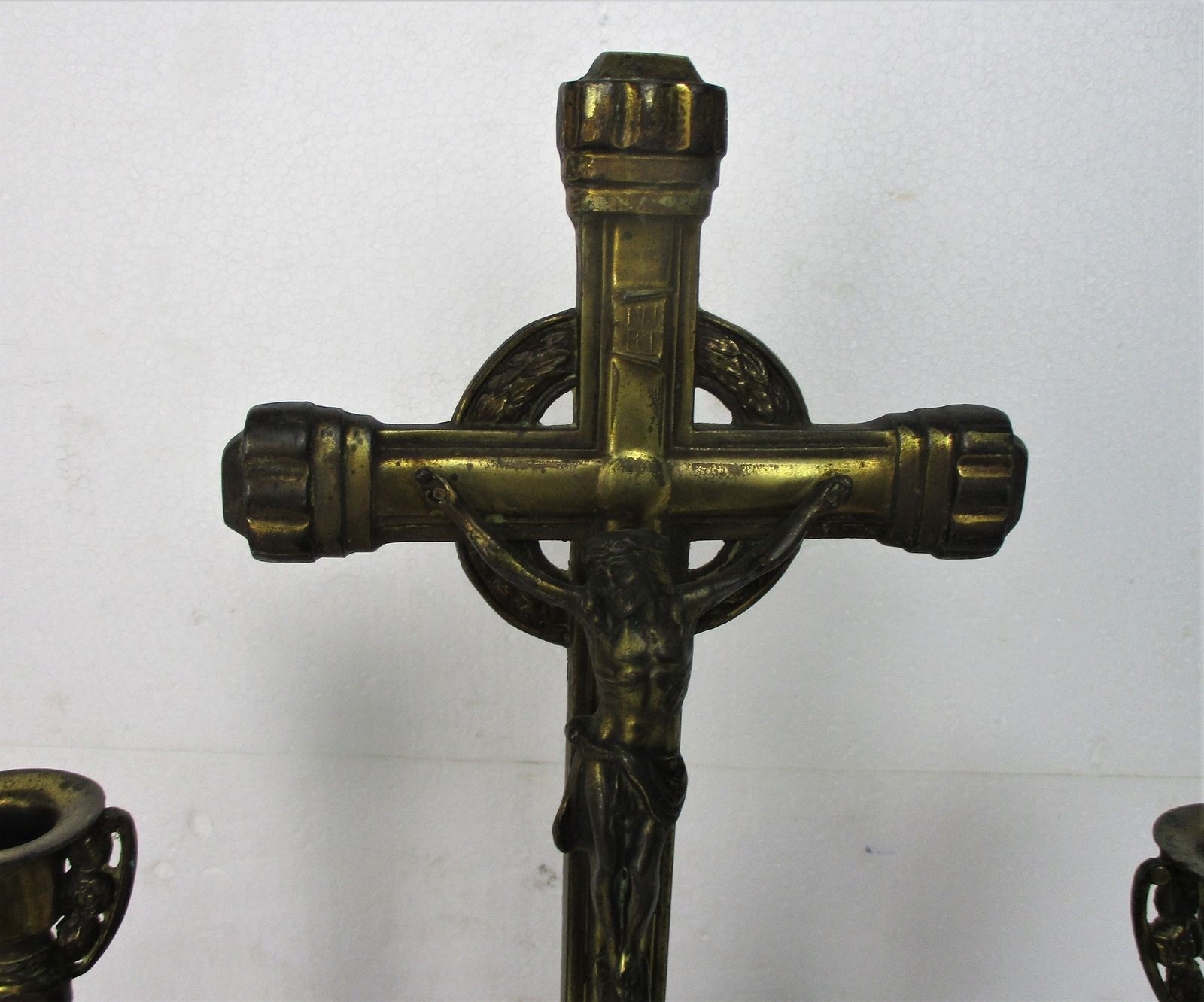 Altar Set Gorgeous Standing Crucifix With Two Candelabras Ornate Embossed Brass photo furniture
