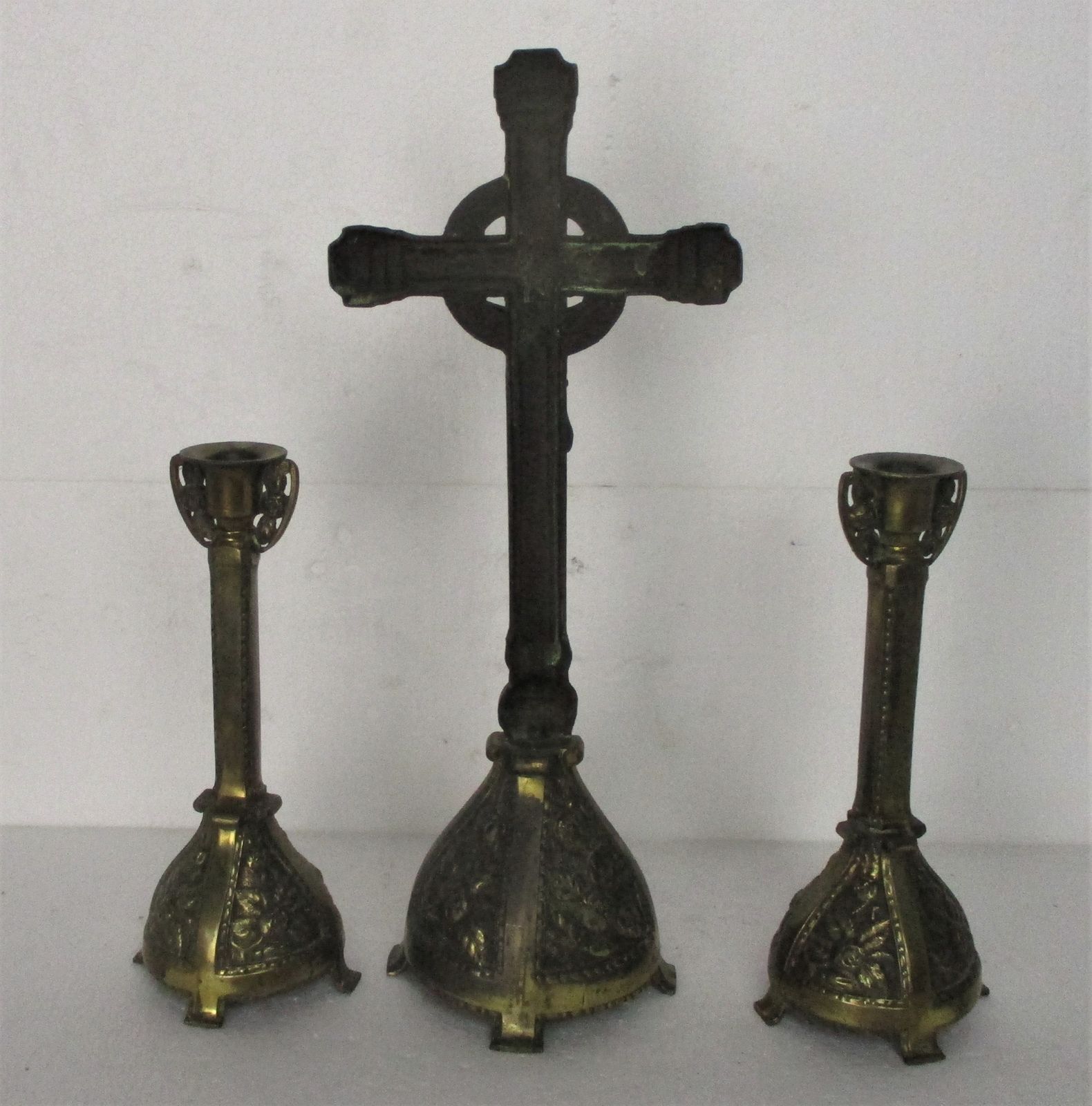 Altar Set Gorgeous Standing Crucifix With Two Candelabras Ornate Embossed Brass photo vintage