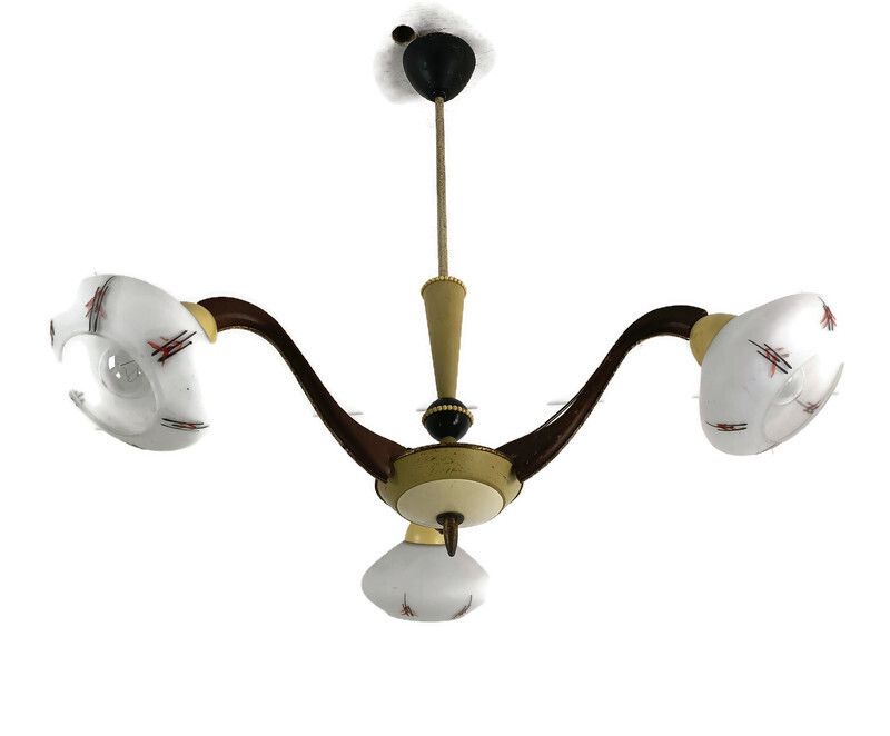 Vintage 3 Arm Lights Chandelier Metal Wood Brass Pop Art Retro