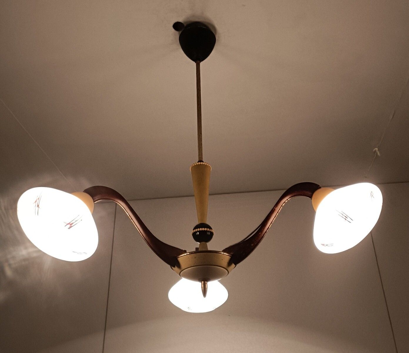 Vintage 3 Arm Lights Chandelier Metal Wood Brass Pop Art Retro photo for sale