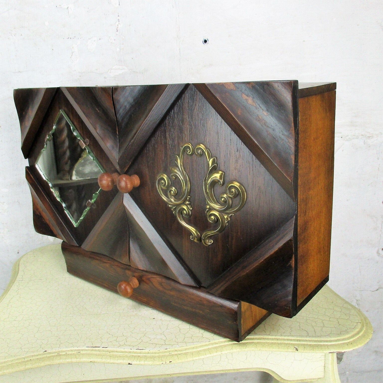 Large Apothecary Bathroom Medicine Kitchen Cabinet Wood Art Deco Cut Glass photo Furniture