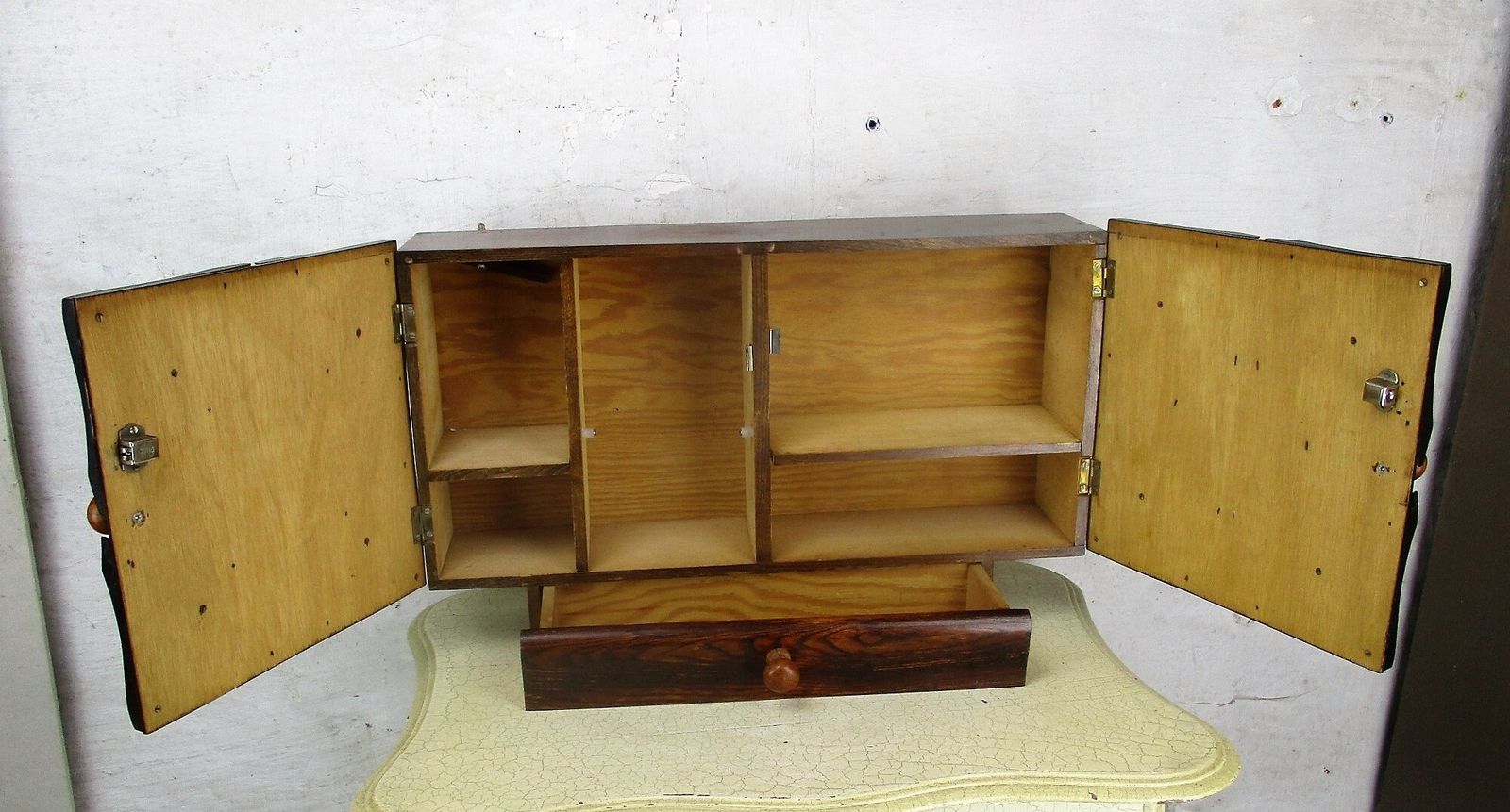 Large Apothecary Bathroom Medicine Kitchen Cabinet Wood Art Deco Cut Glass photo 182.0
