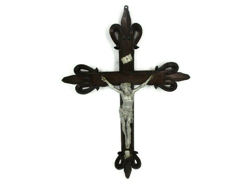 Large Hand Carved Wood Frenchg Oak Ornate Hanging Crucifix Cross Jesus Christ  S
