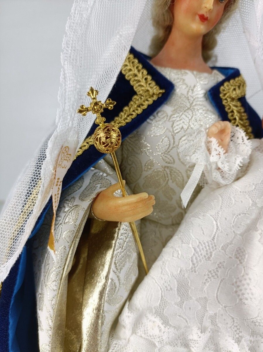Hand Made Wax Madonna  Doll Virgin Mary Our Lady With Infant Jesus Figurine  Mad photo for sale