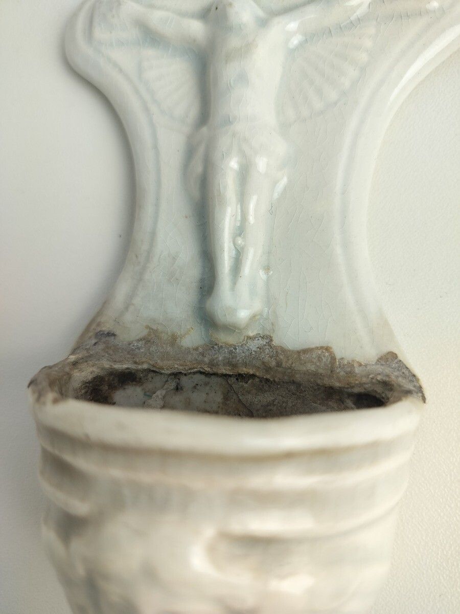 Antique Vessel Holy Water Font Bisque Porcelain Jesus Crucifixion Angel Gorgeous photo Home Decor