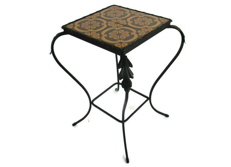 Vintage Side Table Plant Stand Ceramic Tiles Boch Belgium Funky Wrought Iron