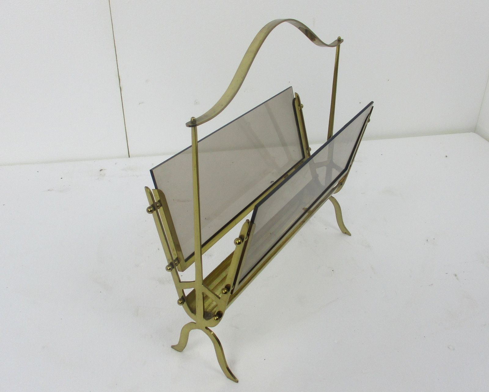 Vintage  Brass Lucite Modernist Magazine Newspaper Basket Rack photo 141.0