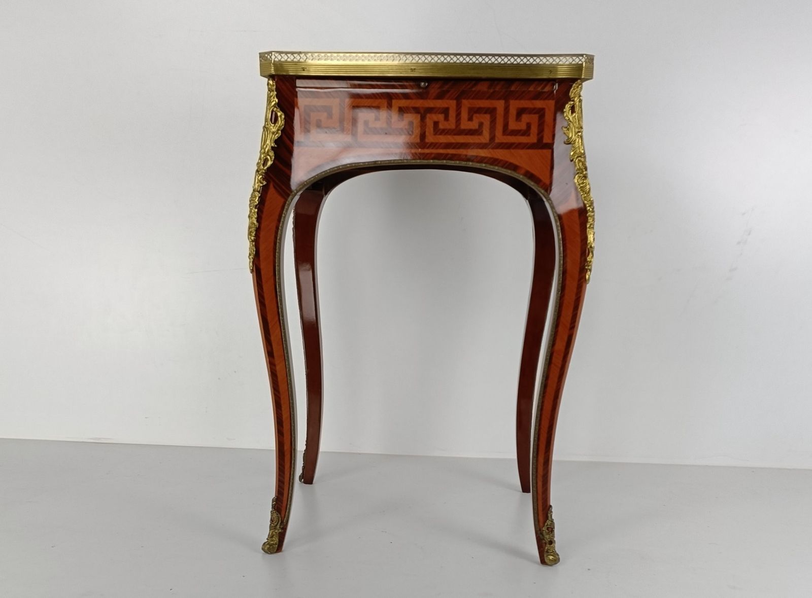 Italian Table Inlay Brass Trims Vintage Louis XV Style Wood Stunning Marquetry E photo for sale