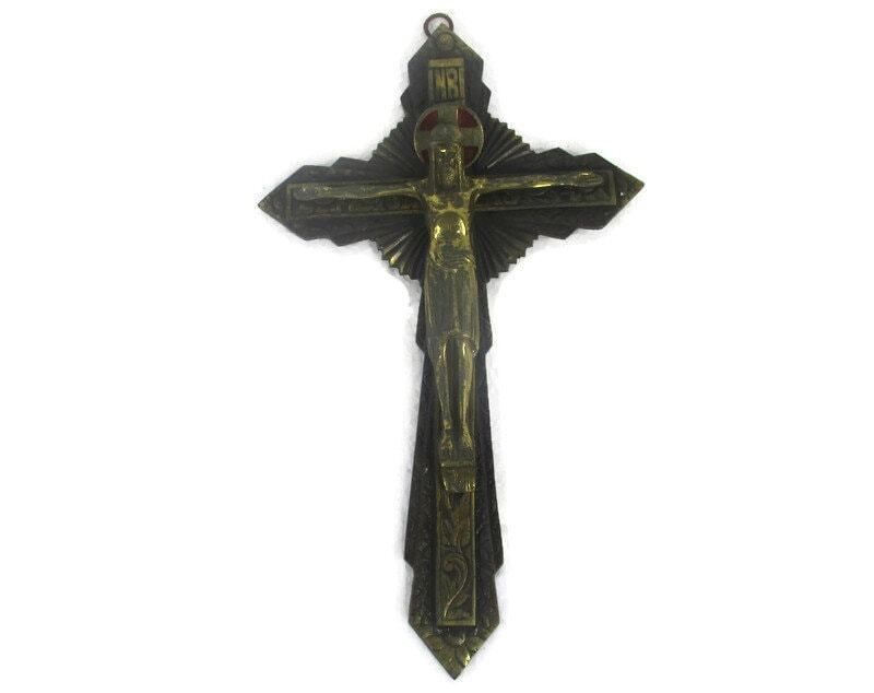 Lovely Vintage Ornate Brass Red Enamel Wall Hanging Crucifix French 11.41"
