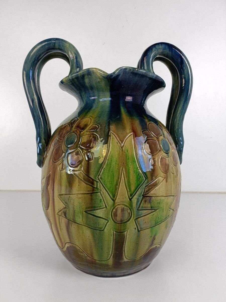 Antique Gorgeous Polychrome Pottery Faience De Flanders Vase Bruges Marked Xl photo furniture