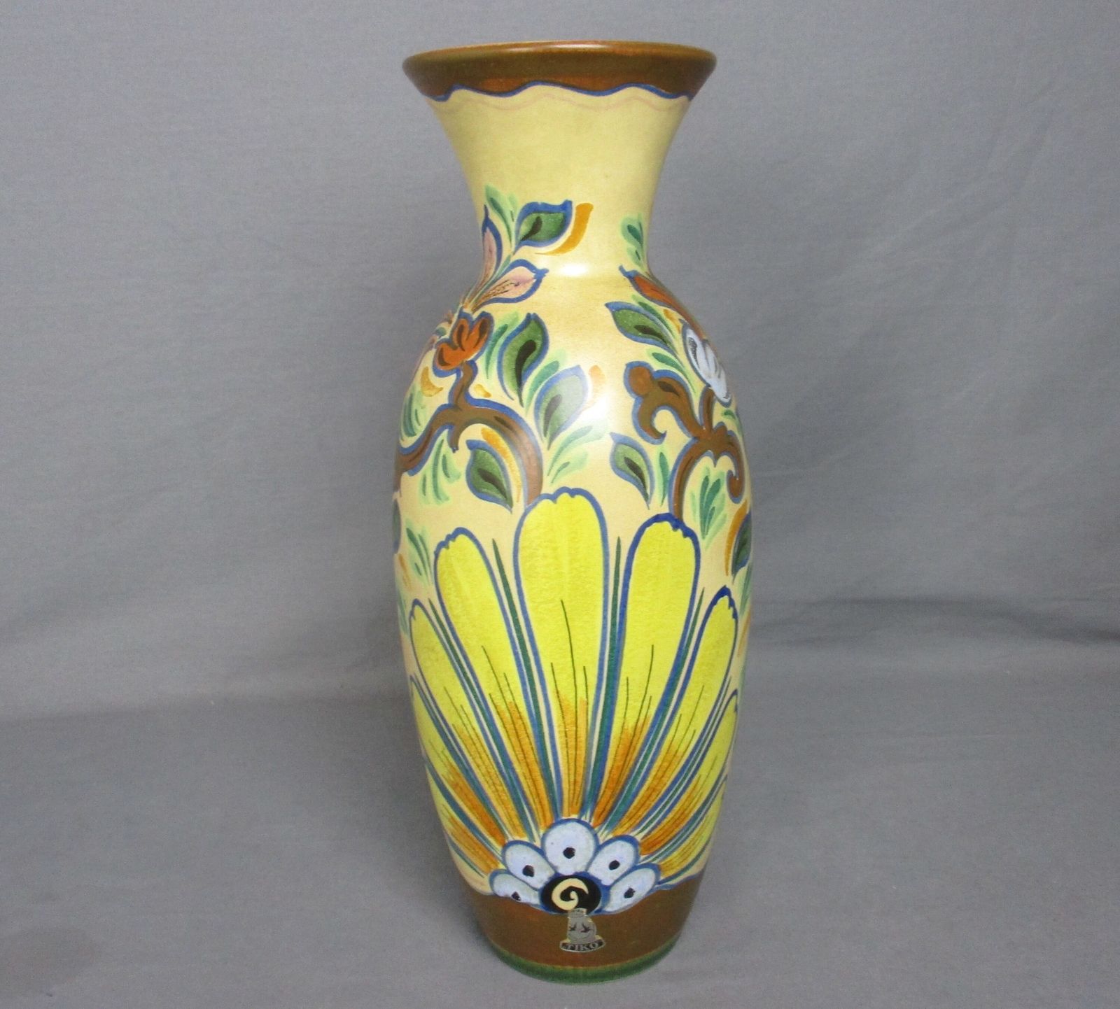 Large Vase  Marked Elly Gouda Plateel Hand Painted Flowers Polychrome photo for sale