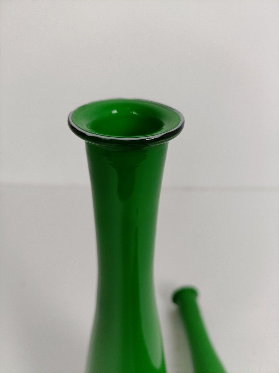Holmegaard Denmark Cased Glass Bottles Vases Green White Collector Pair Marked photo vinterior
