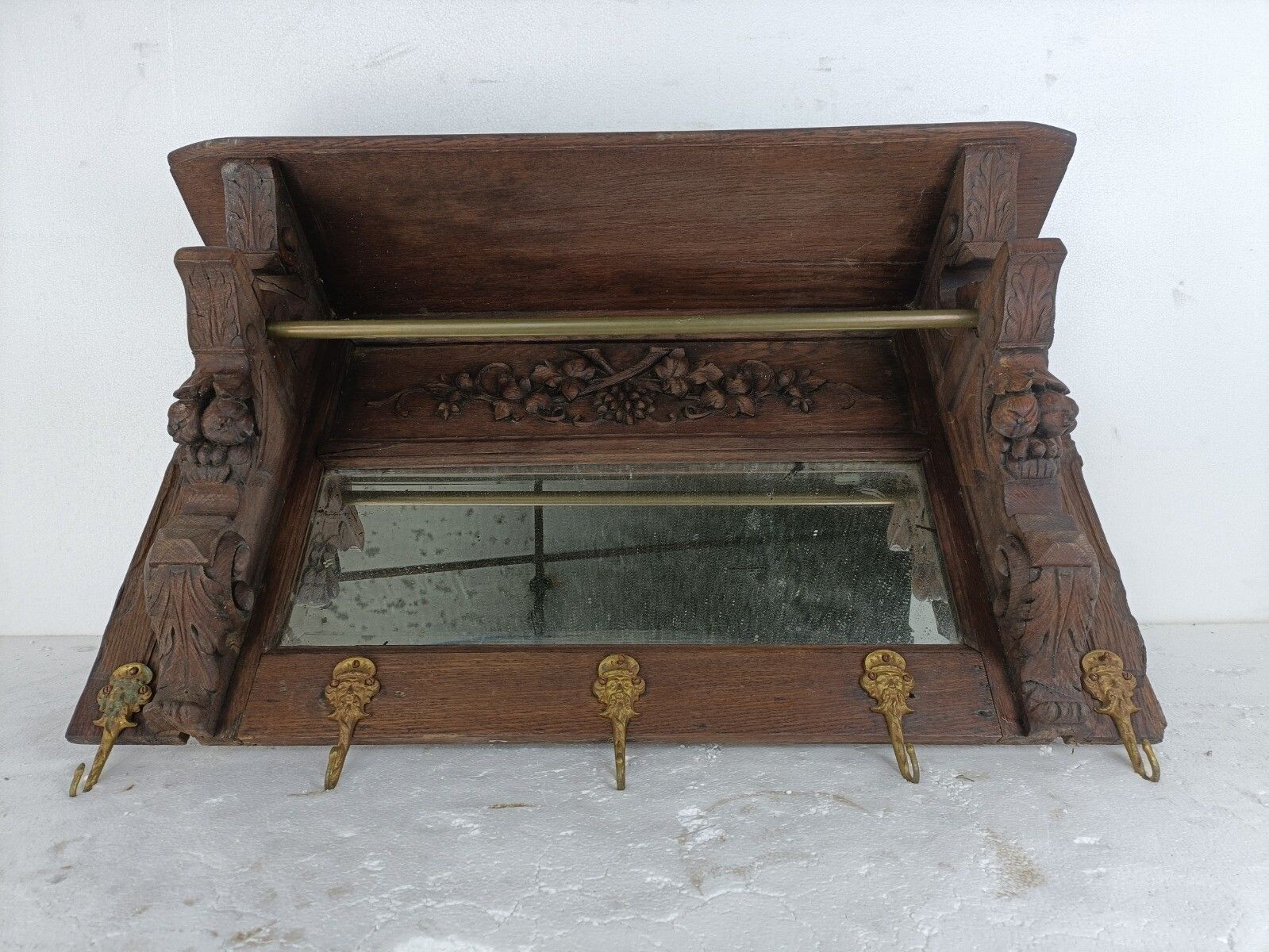Antique Coat Rack Hat Rack Kitchen Rack Ornate Carved Wood Huge With Mirror photo furniture