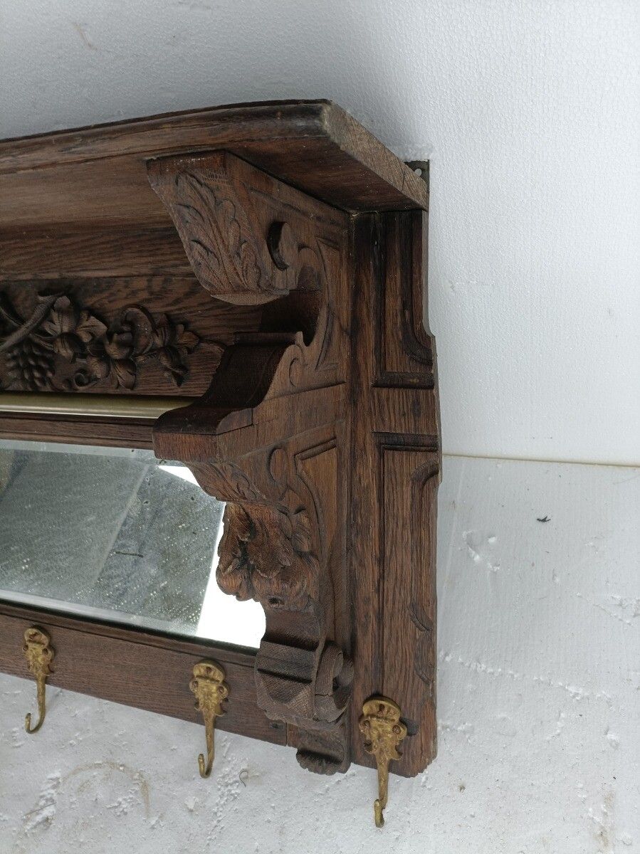 Antique Coat Rack Hat Rack Kitchen Rack Ornate Carved Wood Huge With Mirror photo vinterior