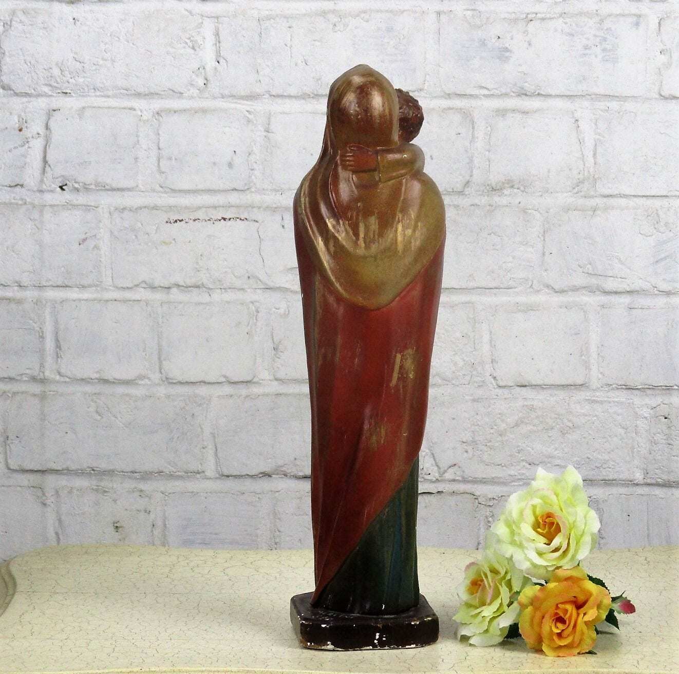 Polychrome Statue Madonna Holy Mother Virgin Mary Infant Child Tenderness 15.7&Q photo Art