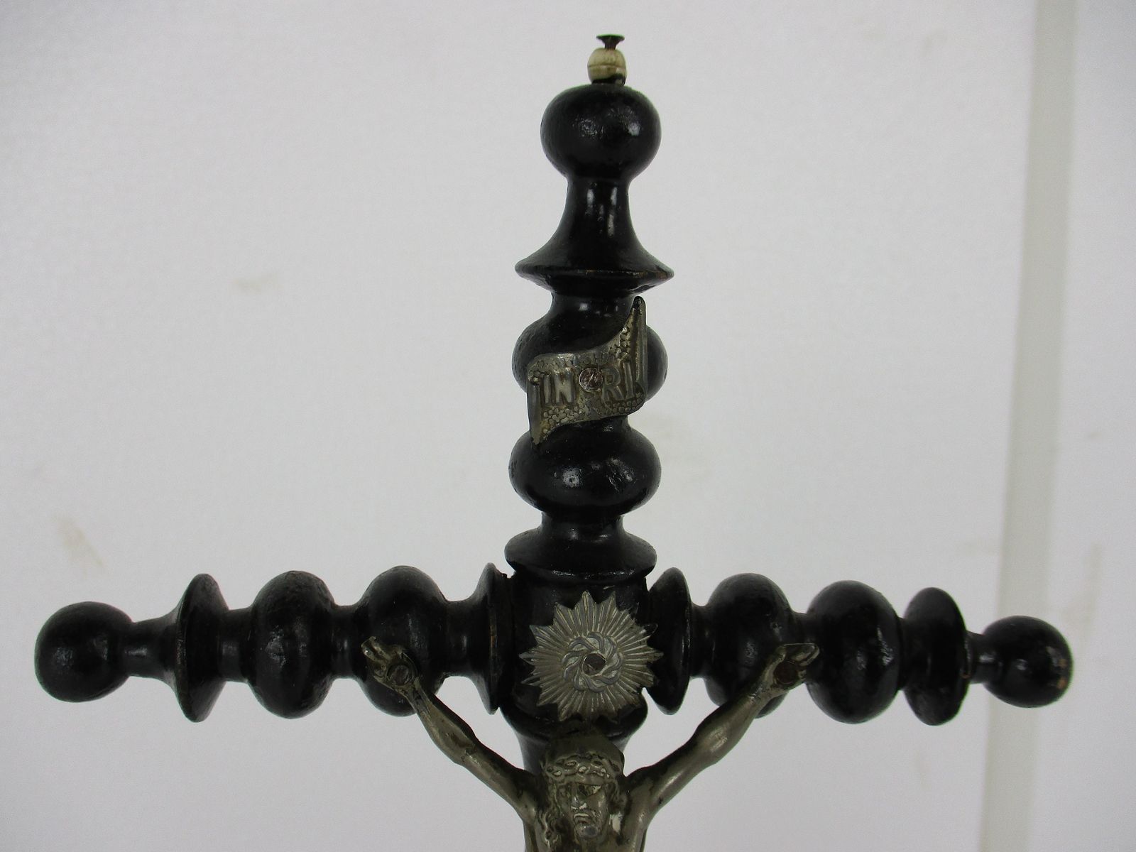 Antique Dark Carved Wood Table Standing Crucifix Round Base Spelter Corpus Bobbi photo furniture