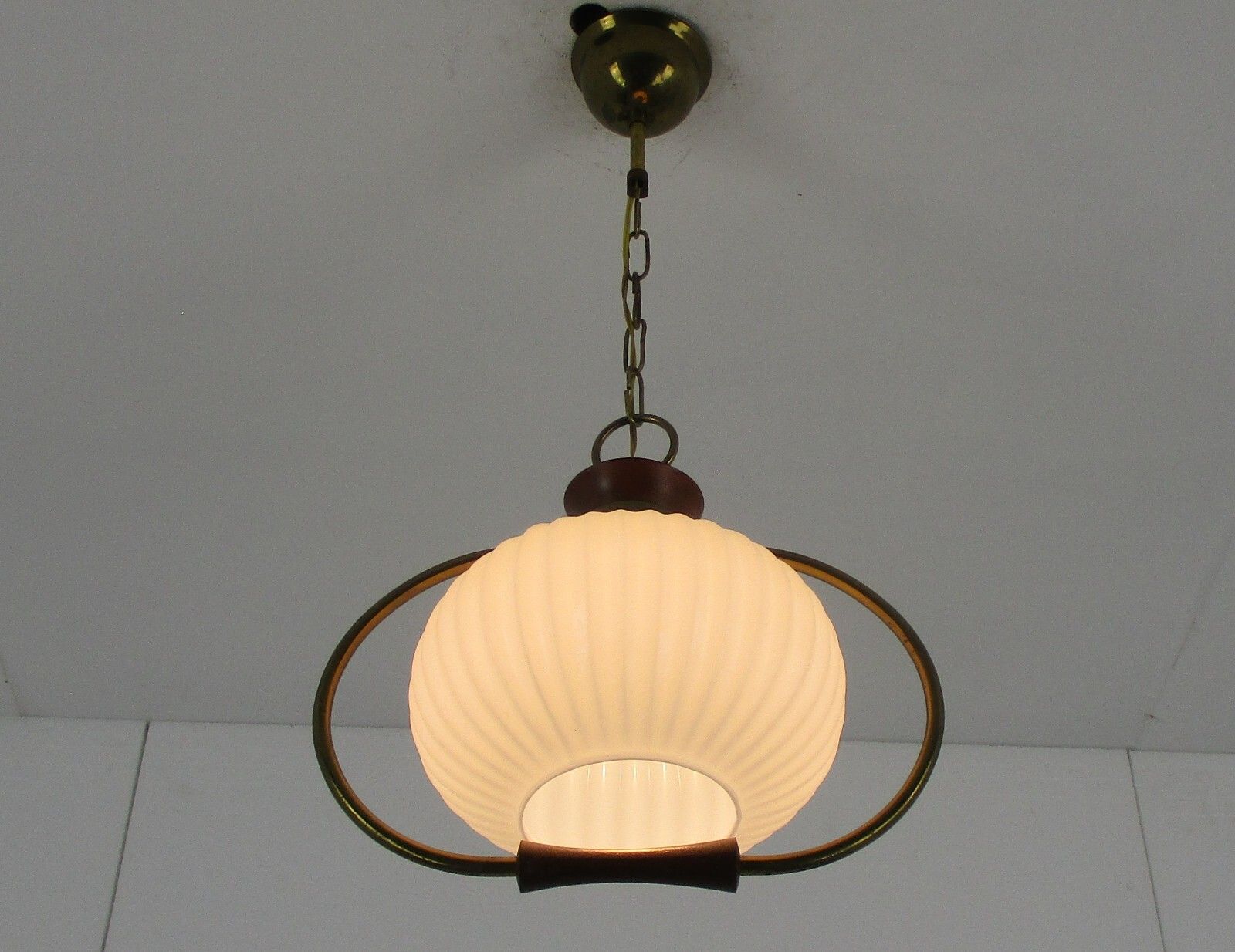 Danish Modern Chandelier Pendant Teak Brass Opaline Glass Atomic Louis Kalff photo furniture
