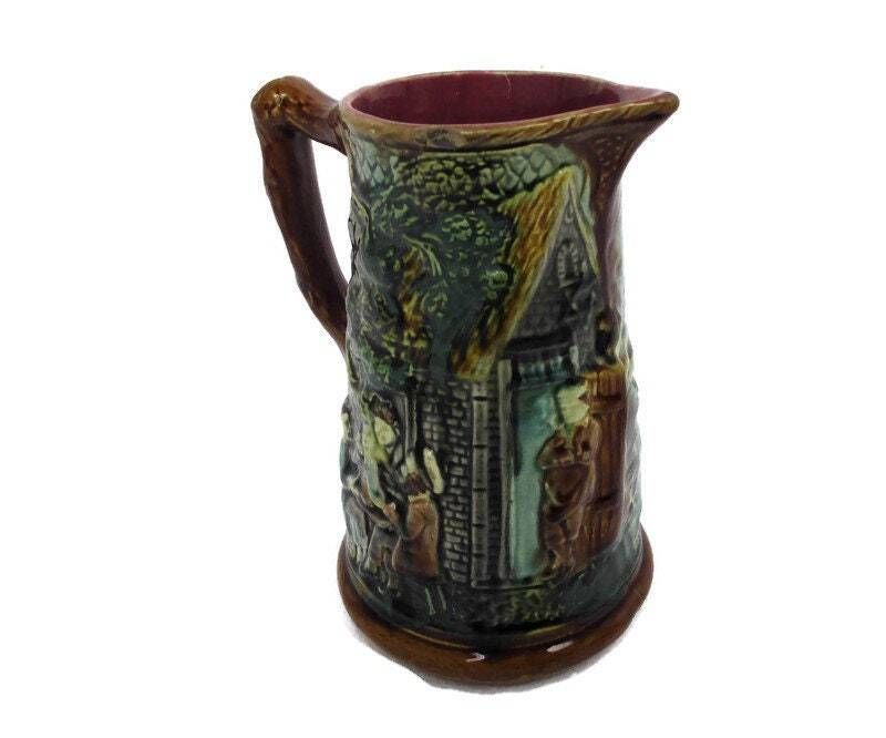 Antique Barbotine Majolica French Tavern Pitcher Wonderful Scenes