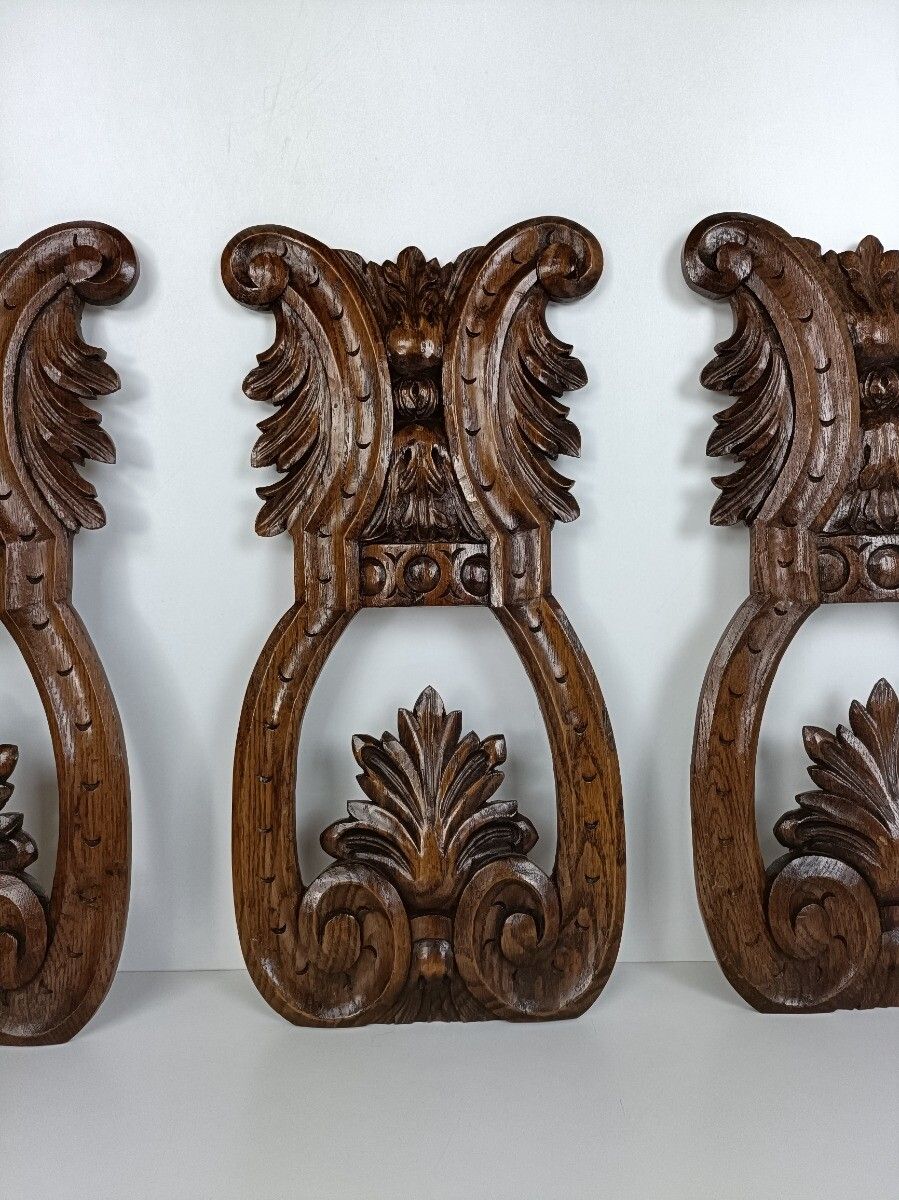 Three Hand Carved Wooden Trims Panels Pediments Corbels Antique Flowers Gorgeous photo 244.0