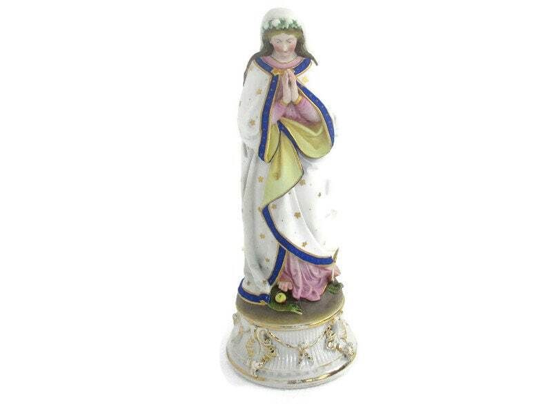 French Antique Bisque Statue Praying Virgin Mary Lady Madonna  Treading On Snake