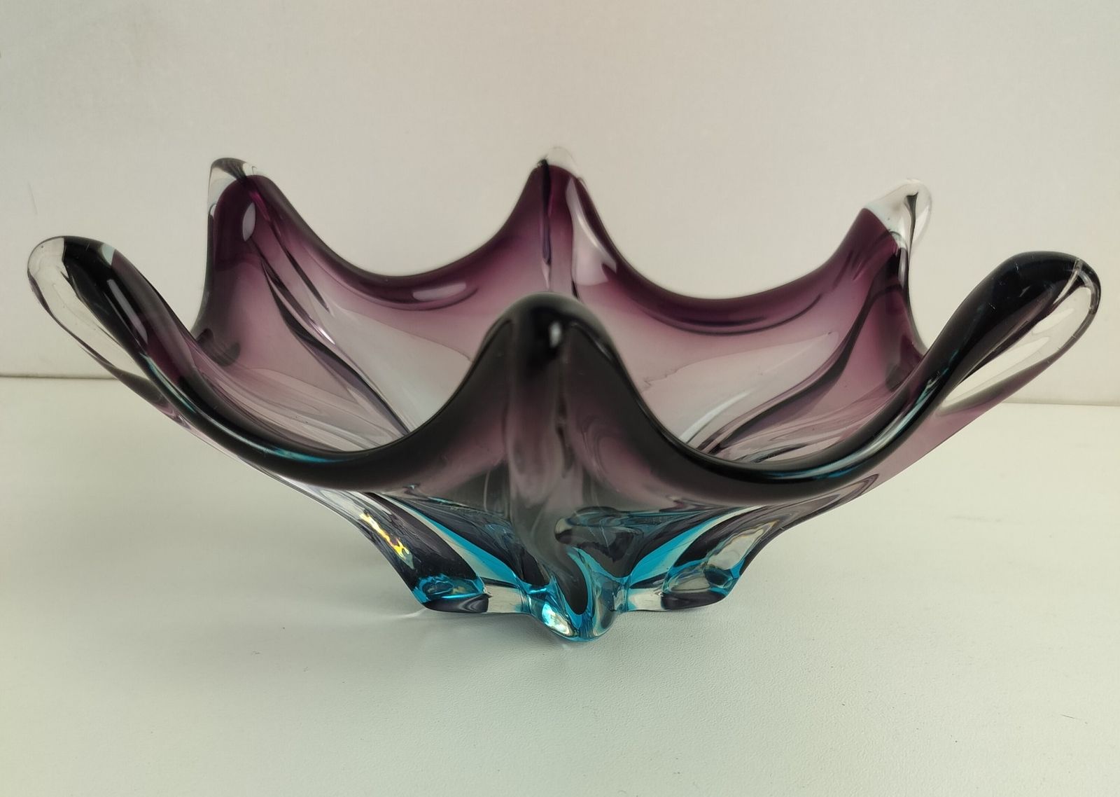 Italian Small Blue Purple Clear Bowl Dish Centerpiece Murano Seguso Art Glass Mo photo for sale