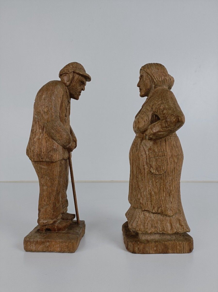 Hand Carved Sculptures Figurines Wood Oak Bruges Folk Art Signed A.L. Couple Man photo for sale