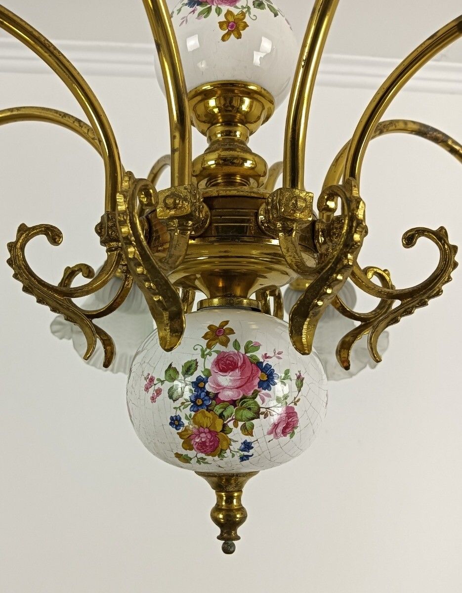 Chandelier Italian Italy Porcelain Tulip Shades Glass Brass 8 Lights Vintage Rom photo 404.0