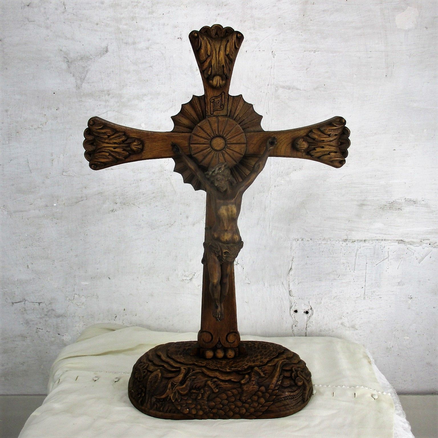 Stunning  Standing Hand Carved Oak Art Crucifix  Jesus Christ Dragon Htf Wow 70s photo furniture