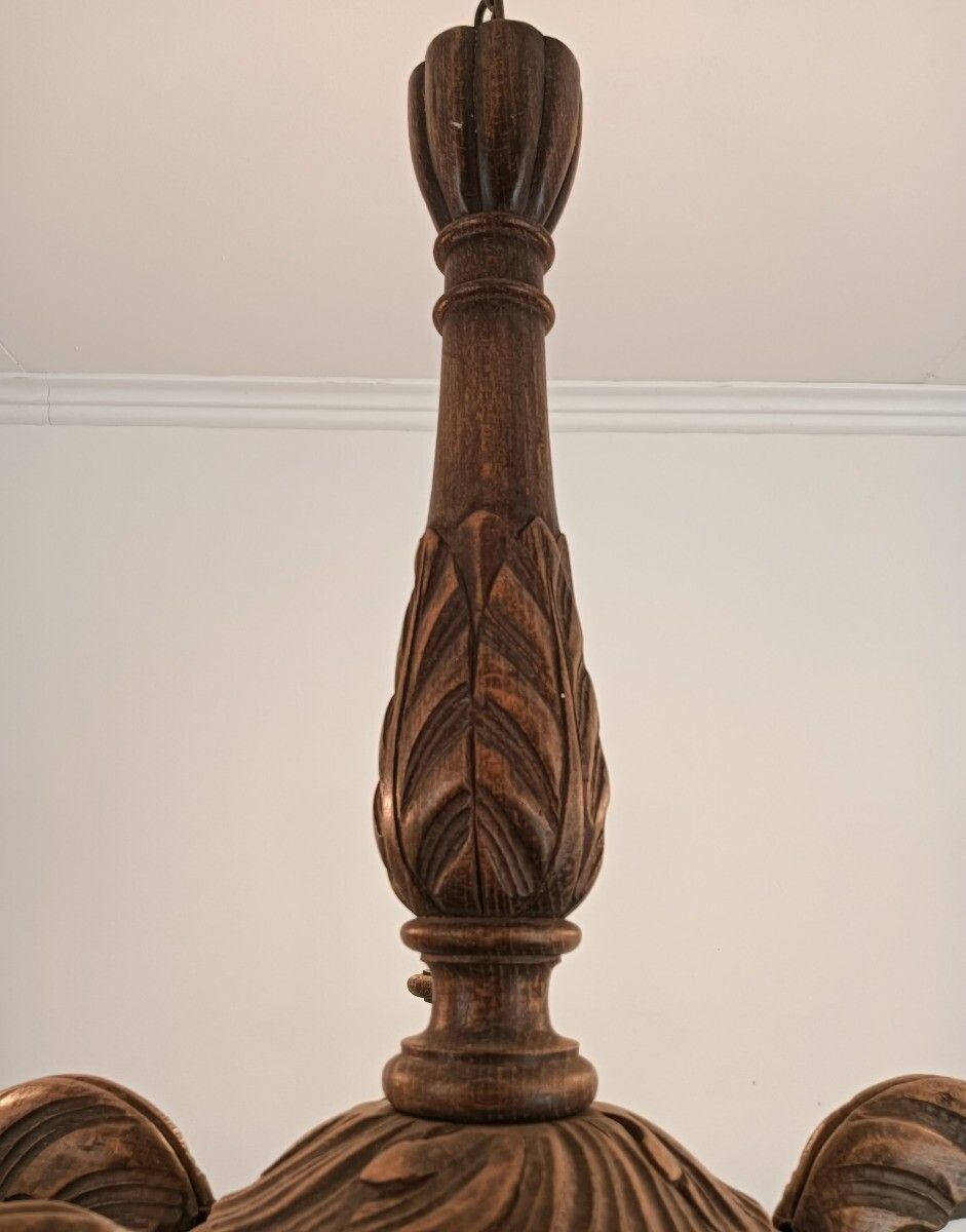 Chandelier Carved Wood Ornate 5 Lights Arms Fixture Lamp Farmhouse Barn Style photo for sale