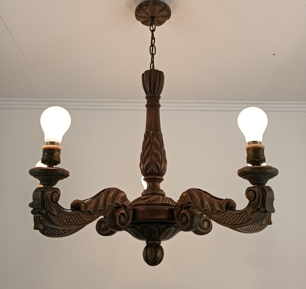 Chandelier Carved Wood Ornate 5 Lights Arms Fixture Lamp Farmhouse Barn Style photo buy